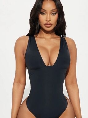 Fashion Nova Black Deep V One-Piece Swimsuit